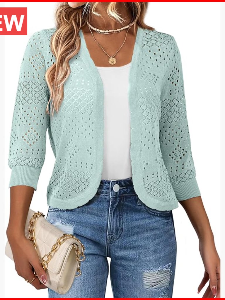 Lightweight Viscose Cardigan With Hollow Pattern, 3/4 Sleeve Cropped Shrug